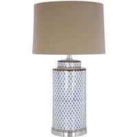 Orsina Blue & White Ceramic Table Lamp, Geometric Diamond Pattern Base With Grey Linen Shade, Boutique Lighting