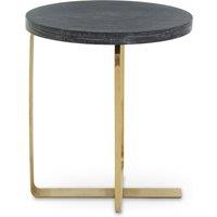 Orsina Round Black & Grey Side Table, Oak Veneer Top with Subtle Veining, Gold Stainless Steel Base, Accent Table