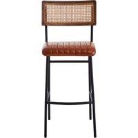Orsina Tan Leather Bar Chair, Retro Cane Webbed Backrest With Channel Tufting, Genuine Leather Padded Seat in Brown