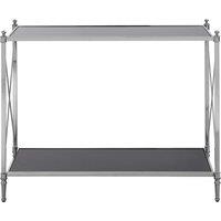 Orsina Black Mirrored Glass Console Table, 2 Tier Nickel Finish Frame Console Stand, Stainless Steel Hallway Table in Silver