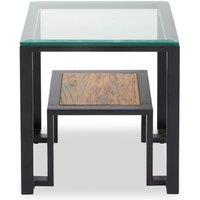Orsina Roman Side Table, Square Clear Glass Top with Black Metal Frame, Teak Wood Shelf for Storage & Display