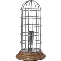 Orsina Small Table Lamp with Natural Wood Base, Silver Cage Industrial Style Desk Light, Bulb Holder Table Lamp