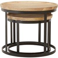 Orsina Set Of Two Mango Wood Nesting Tables, Industrial Round Wooden Tables For Living Room, Space-Saving Tables in Black