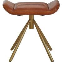 Orsina Tan Leather Footstool, Genuine Buffalo Leather Seat With Channel Detailing, Gold Finish Iron Spoke Base in Brown