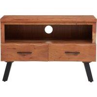 Orsina TwoDrawer Acacia Media Unit, Natural Acacia Wood TV Cabinet with Open Shelf, Iron Legs Media Console