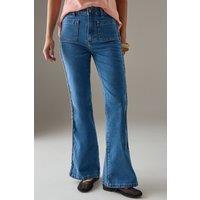 Warehouse Women's High Waist Denim Bootcut With Patch Pockets in Mid Wash | Size: 8