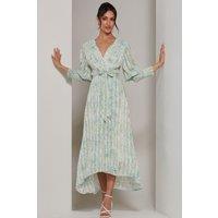 Jolie Moi Women's V Neck Tie Waist Puff Sleeve Maxi Dress in Light Green | Size: 14