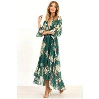 Yumi Women's Green Floral Kimono Sleeves Dip Hem Wrap Midi Dress | Size: 22