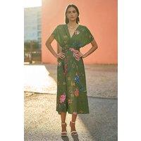 Yumi Women's Green Bird & Floral Print Ruched Waist Kimono Midi Dress | Size: 10