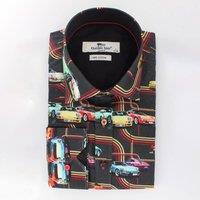 CLAUDIO LUGLI Men's Classic Sports Car Print Shirt in Black | Size: 2XL
