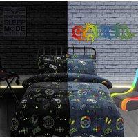 New Edge Blinds Gamer Station Glow in the Dark Teddy Duvet Set - Double in Grey