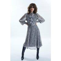 Printed Front Ruffle Midi Dress