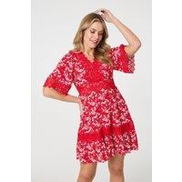 Izabel London Women's Floral Lace Trim 1/2 Sleeve Mini Dress in Red | Size: 12
