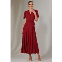 Jolie Moi Women's Plain Angel Sleeve Wrapped Maxi Dress in Dark Red | Size: 18