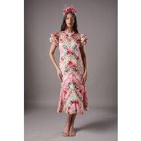 Coast Women's Lisa Tan Stripe Printed Ruffle Hem Midi Dress in Pink | Size: 10