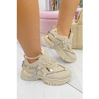 Love Lemonade Women's Crystal Track Luxe Chunky Trainers in Light Beige | Size: 4