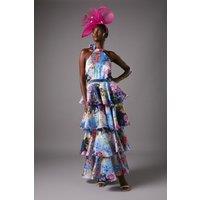 Cross Neck Printed Frill Skirt Maxi Dress