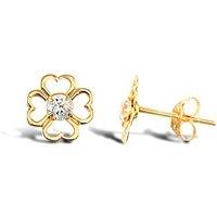 Jewelco London Women's 9ct Gold CZ Love Heart Clover Flower Petal Stud Earrings