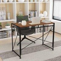 Home Source Folding Compact Desk Storage Hook Wood Metal Office Computer Table in Dark Brown