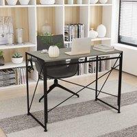 Home Source Folding Compact Desk Storage Hook Wood Metal Office Computer Table in Grey