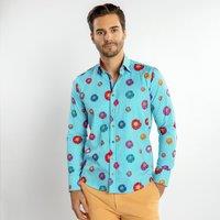 CLAUDIO LUGLI Men's Daisy Stripe Print Shirt in Aqua | Size: 2XL