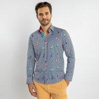 CLAUDIO LUGLI Men's Hummingbird Striped Print Shirt in Navy | Size: 2XL