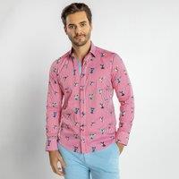 CLAUDIO LUGLI Men's Hummingbird Striped Print Shirt in Fuchsia | Size: 2XL