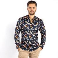 CLAUDIO LUGLI Men's Feathers Floating Print Shirt in Black | Size: 2XL