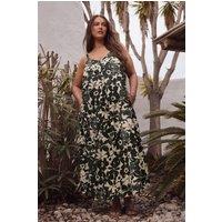 Evans Women's Floral Print Pleat Front Linen Dress in Black | Size: 18