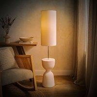 ValueLights Esme Linen Tall Lamp Shade Ceramic Table Base Midi Floor Lamp & Bulb in Cream