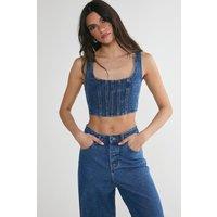NastyGal Women's Lace Back Detail Denim Corset Top in Authentic Midwash | Size: 8