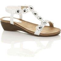 AJVANI Women's Low Wedge Heel Strappy T-Bar Flower Slingback Sandals in White | Size: 7