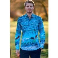 CLAUDIO LUGLI Men's The Wave Rider Surfing Placement Print Shirt in Blue | Size: 2XL