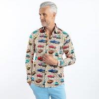 CLAUDIO LUGLI Men's Retro Classic Cars Print Shirt in Beige | Size: 3XL
