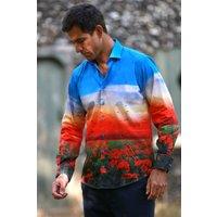CLAUDIO LUGLI Men's Poppy Field Placement Print Shirt in Blue | Size: XL