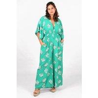 Jilly Deep V Jumpsuit - Green, Palm Leaf