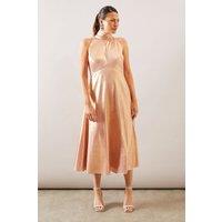 Wallis Women's Occasion Metallic Tie Neck Midi Dress in Rose Gold | Size: 14