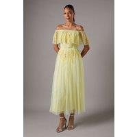 Sequin Mesh Midi Dress With Flutter Sleeves