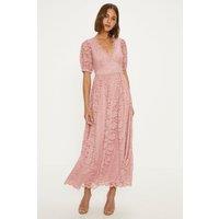 Oasis Women's Lace Puff Sleeve V Neck Midaxi Dress in Dusty Pink | Size: Medium