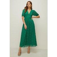 Oasis Women's Lace Puff Sleeve V Neck Midaxi Dress in Green | Size: Small