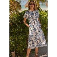 Weird Fish Women's Delanie Linen Rich Printed Tea Dress in Blue | Size: 14
