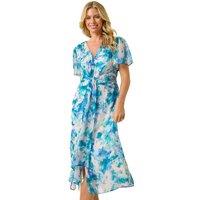 Roman Women's Petite Abstract Print Ruched Midi Dress in Turquoise | Size: 14