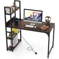 Gymax Writing Desk Industrial Gaming Table With Power Outlets & Shelves in Brown
