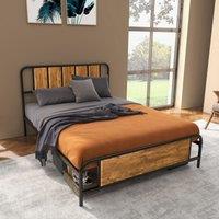 HOMCOM Bed Frame Steel Bed Base with Headboard Rustic Brown | Size: Double