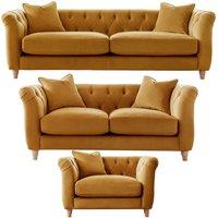 Elsie Plush Velvet Fabric Chesterfield Ochre Mustard 3 Piece Sofa Suite 3 2 1
