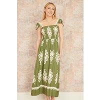 Yumi Women's Green Block Print Ruched Maxi Dress | Size: 10