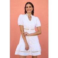 Yumi Women's White Cotton Lace Trim Skater Shirt Dress | Size: 16