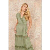 Yumi Women's Green Viscose Lace Trim Wrap Maxi Dress | Size: 10