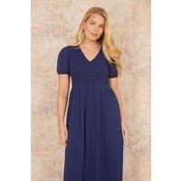 Yumi Women's Navy Double Cotton Ruched Midi Dress | Size: 12