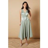 Oasis Women's V Neck Mesh Asymmetric Midi Dress in Sage | Size: 12